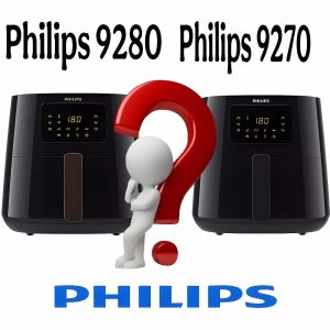 یک سرخ کن فیلیپس 9270 به رنگ مشکس سمت راست تصویر و یک سرخ کن فیلیپس 9280 به رنگ مشکی سمت راست بین این دو یک ادمک تکیه داده به یک علامت سوال در وسط بین این دو سرخ کن است و در زیر این دو لوگو برند فیلیپس نوشته شده است که نشان دهنده تفاوت سرخ کن فیلیپس 9270 و 9280