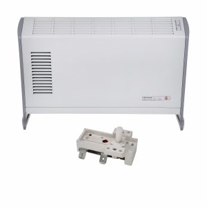 یک بخاری کانوکتور پارس خزر مدل CH2000TL به رنگ سفید در بالا ی ان است و در پاین این دستگاه یک ترموستات بخاری برقی پارس خزر است.