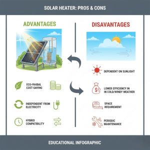اینفوگرافیکی آموزشی درباره مزایا و معایب آبگرمکن خورشیدی. در سمت چپ، بخش «Advantages» (مزایا) با تصویر یک سامانه گرمایش آب خورشیدی نمایش داده شده که شامل صفحه جمعکننده خورشیدی و مخزن ذخیره است. زیر آن سه مزیت با آیکونهای سبز رنگ آمده است: صرفهجویی اقتصادی و سازگاری با محیط زیست (Eco-friendly, cost-saving)، استقلال از برق (Independent from electricity)، و قابلیت ترکیب با سیستمهای دیگر (Hybrid compatibility). در سمت راست، بخش «Disadvantages» (معایب) با پسزمینهای از خورشید و ابرها قرار دارد و شامل چهار مورد با آیکونهای قرمز است: وابستگی به نور خورشید (Dependent on sunlight)، کارایی پایینتر در هوای سرد یا بادی (Lower efficiency in cold/windy weather)، نیاز به فضای نصب (Space requirement)، و نیاز به نگهداری دورهای (Periodic maintenance). در پایین تصویر نوشته شده «EDUCATIONAL INFOGRAPHIC».